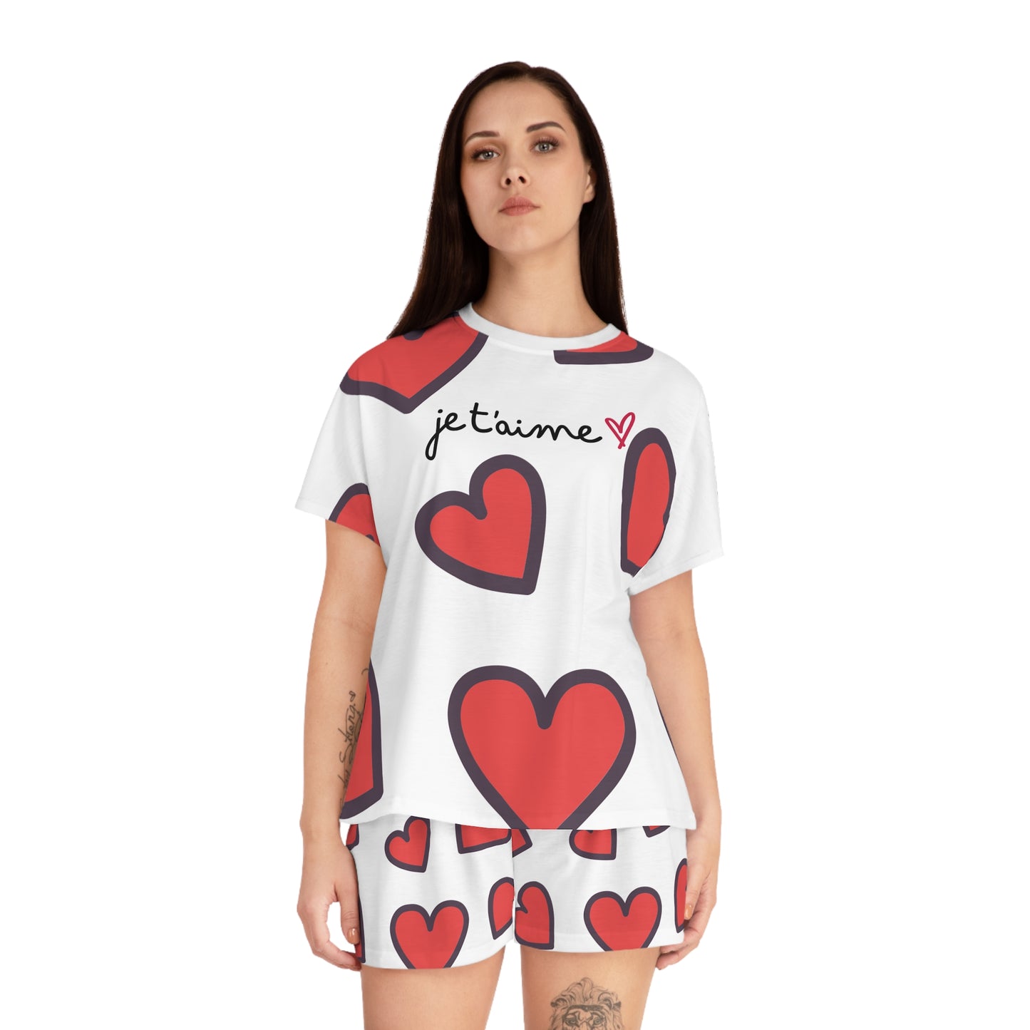 Cute Heart Women's Short Pajama Set - 'Je t'aime' Design for Cozy Nights