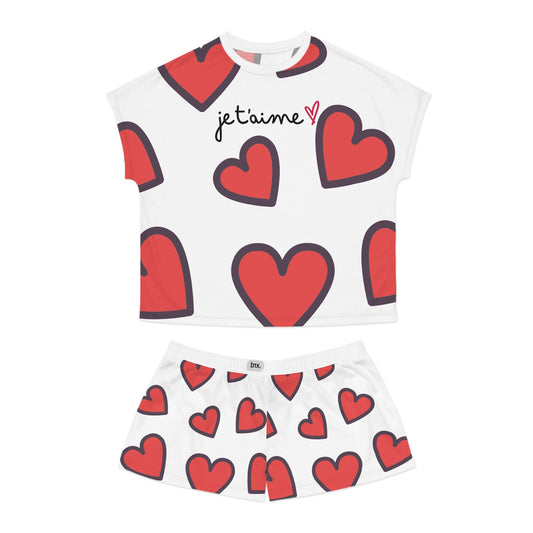 Cute Heart Women's Short Pajama Set - 'Je t'aime' Design for Cozy Nights