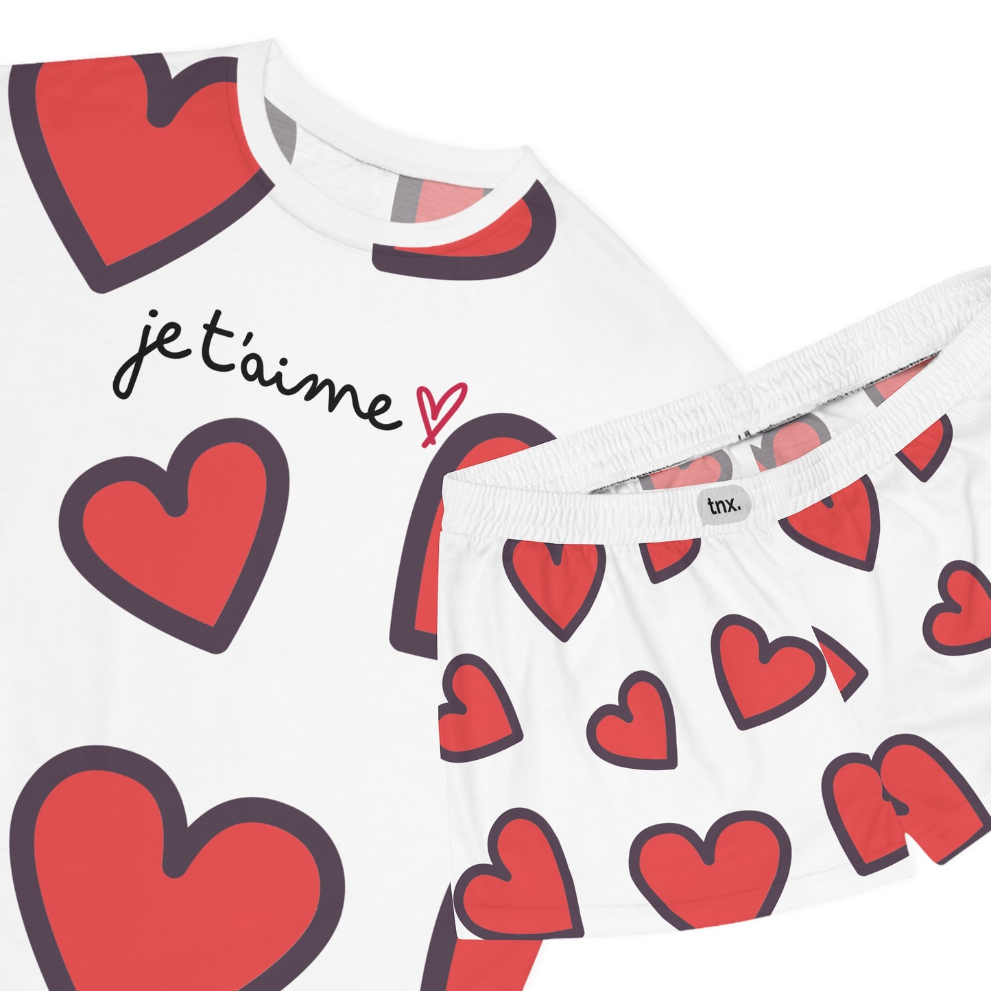 Cute Heart Women's Short Pajama Set - 'Je t'aime' Design for Cozy Nights